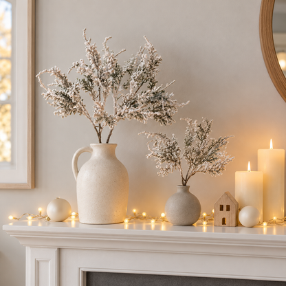 Rustic frosted branches in a cream jug and a small vase on a mantel with candles and fairy lights