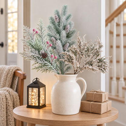 Three frosted stems, pine, berry and rustic, arranged together in a white jug on a hall table