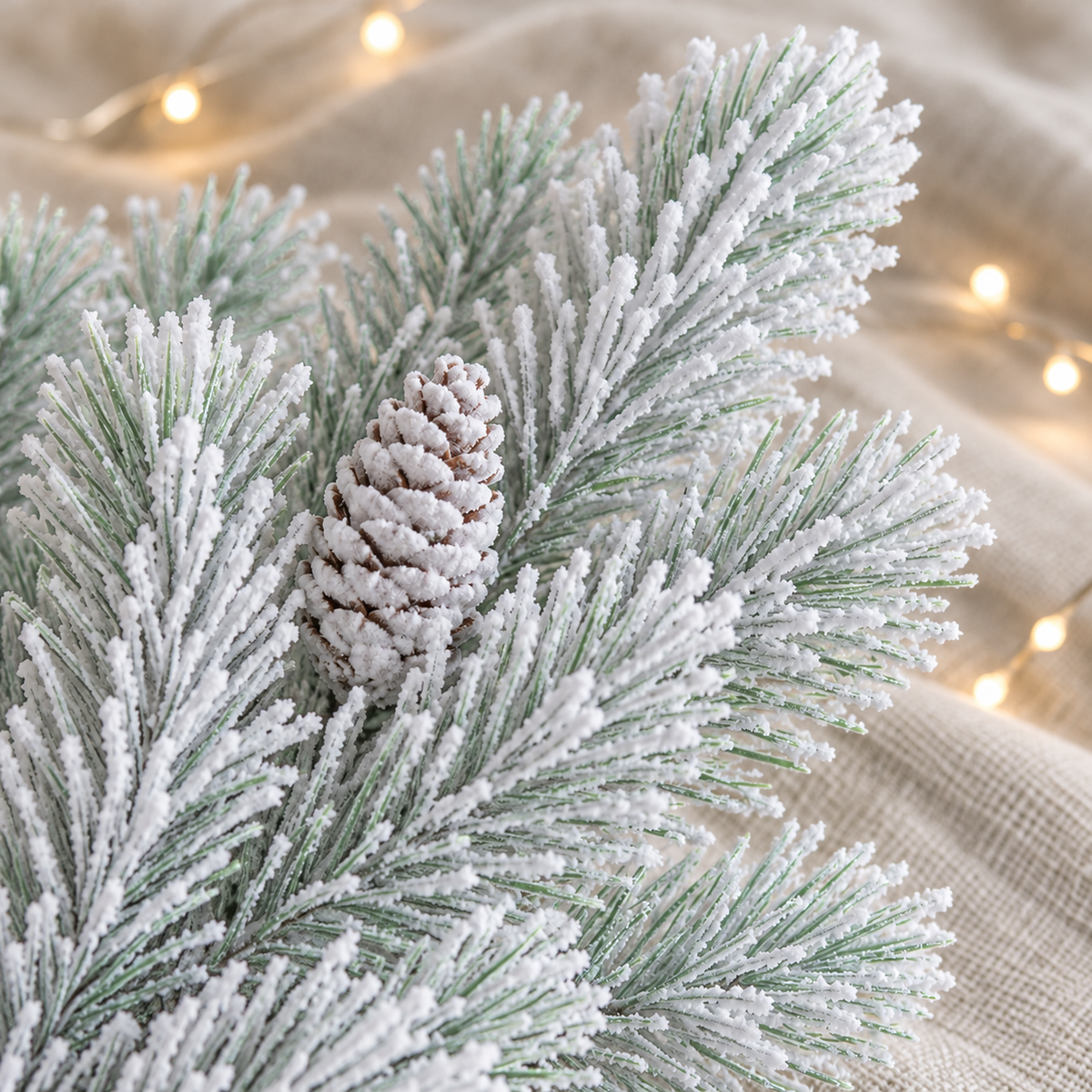 Close-up of the white flocked frost on pine needles and a small frosted cone