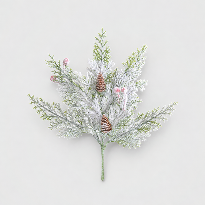 Small frosted cypress stem with two brown cones and pale pink berries on a light gray background
