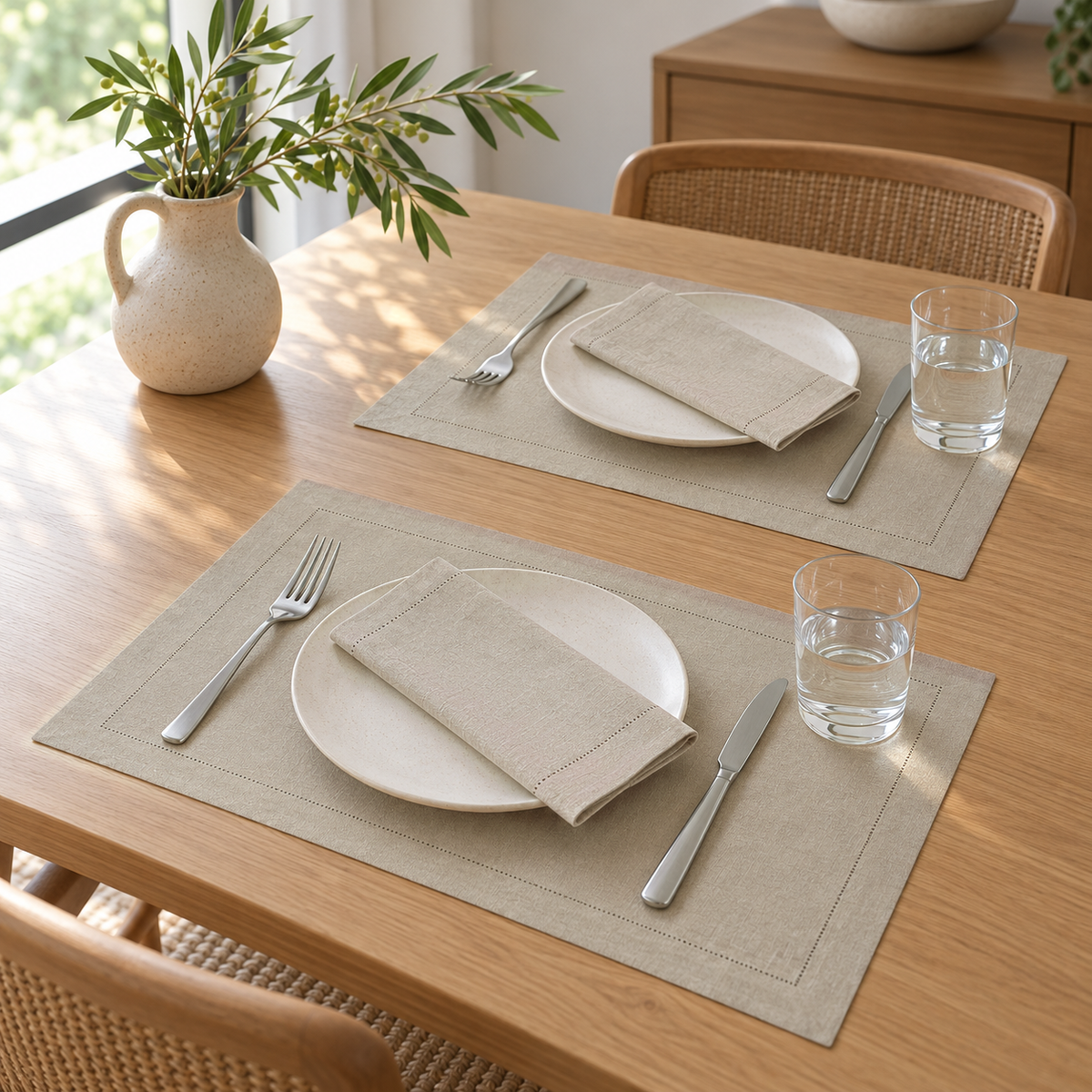 Taupe hemstitch placemats lying flat on a pale oak table, set for two with folded taupe napkins on cream plates in daylight