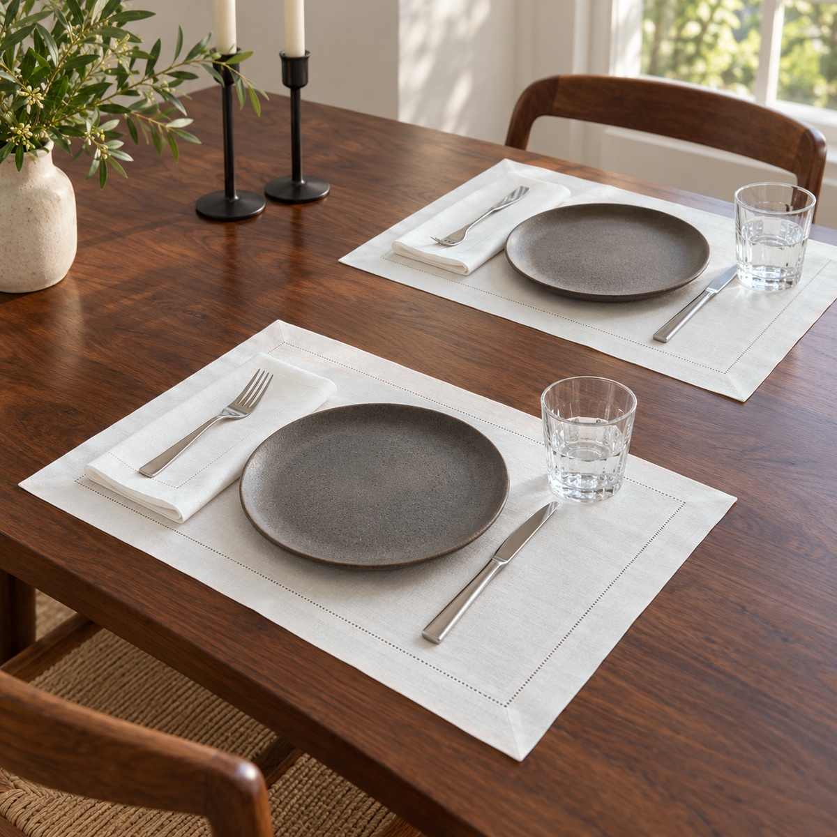 White hemstitch placemats lying flat on a dark walnut dining table, each with a folded white napkin and fork beside a stoneware plate