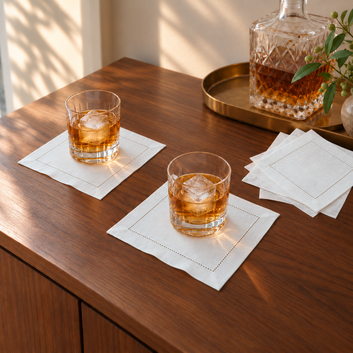 Small white hemstitch cocktail napkins under two drinks on a walnut sideboard, with the rest of the set stacked beside them