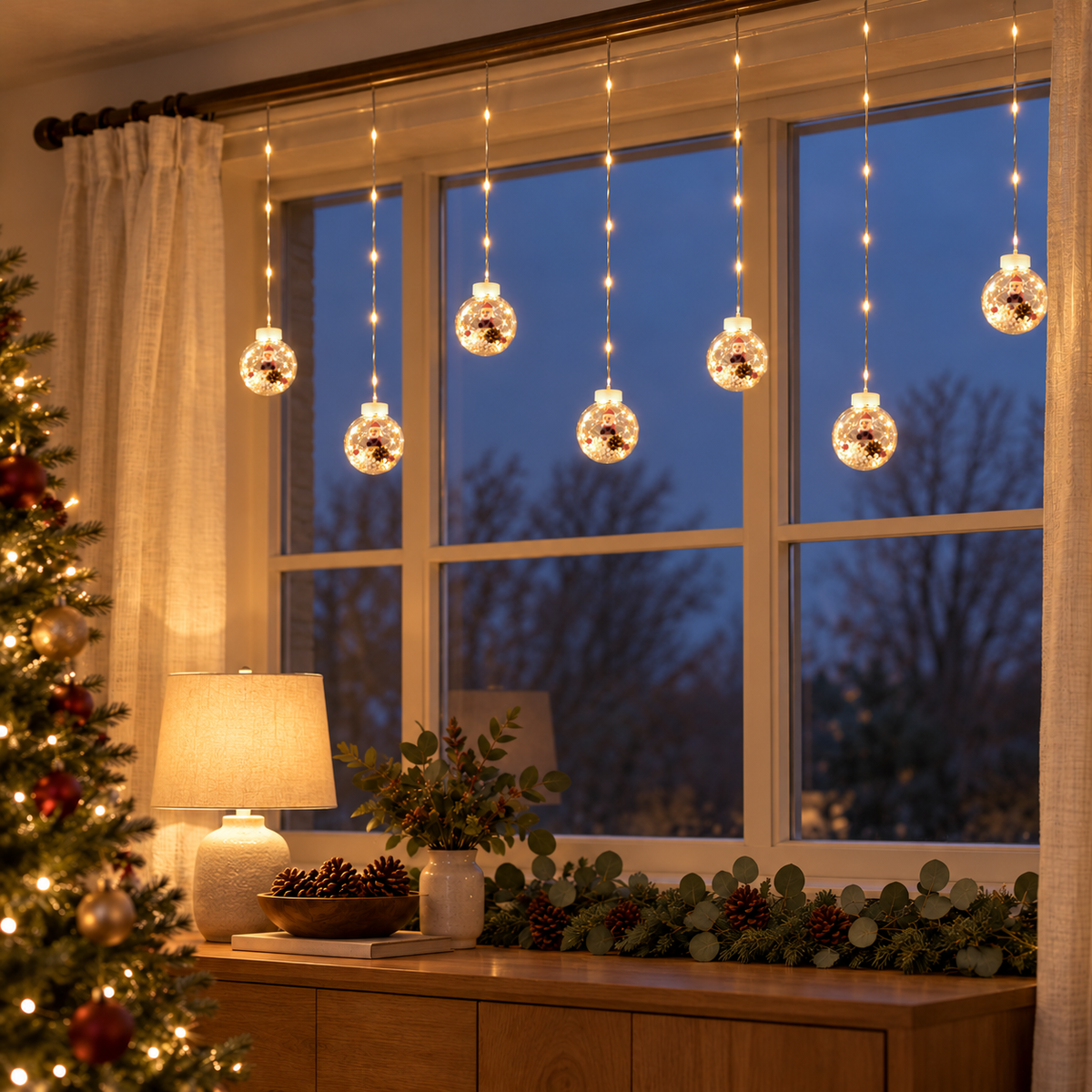 Santa globe curtain lights hanging below a curtain pole in a living room window in the early evening