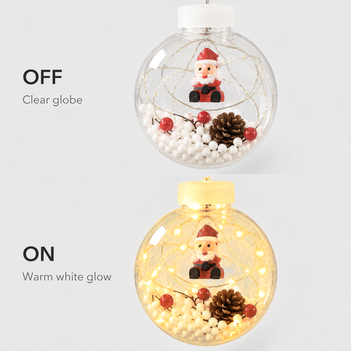 The same Santa globe shown switched off and clear, then switched on with a warm white glow