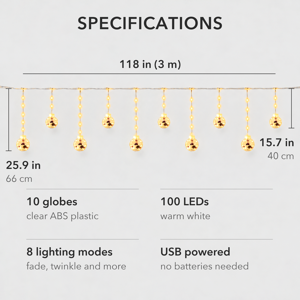 The whole curtain light with ten globes on alternating long and short drops, 118 inches wide, with its specifications
