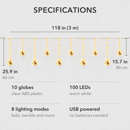 The whole curtain light with ten globes on alternating long and short drops, 118 inches wide, with its specifications
