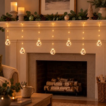 Snowman globe curtain lights hanging from a mantel shelf in front of a fireplace in the evening