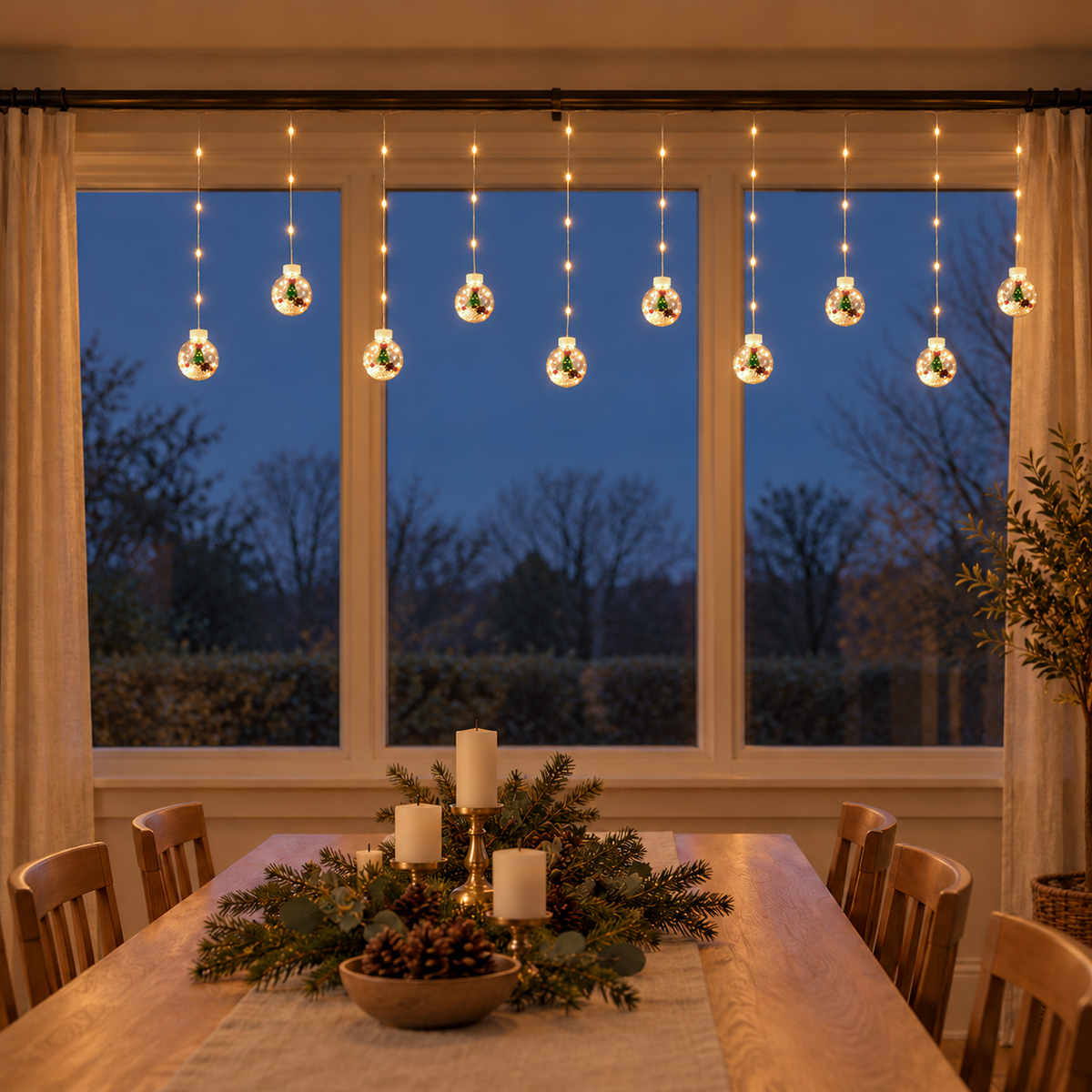 Christmas tree globe curtain lights across a wide dining room window above a set table in the evening