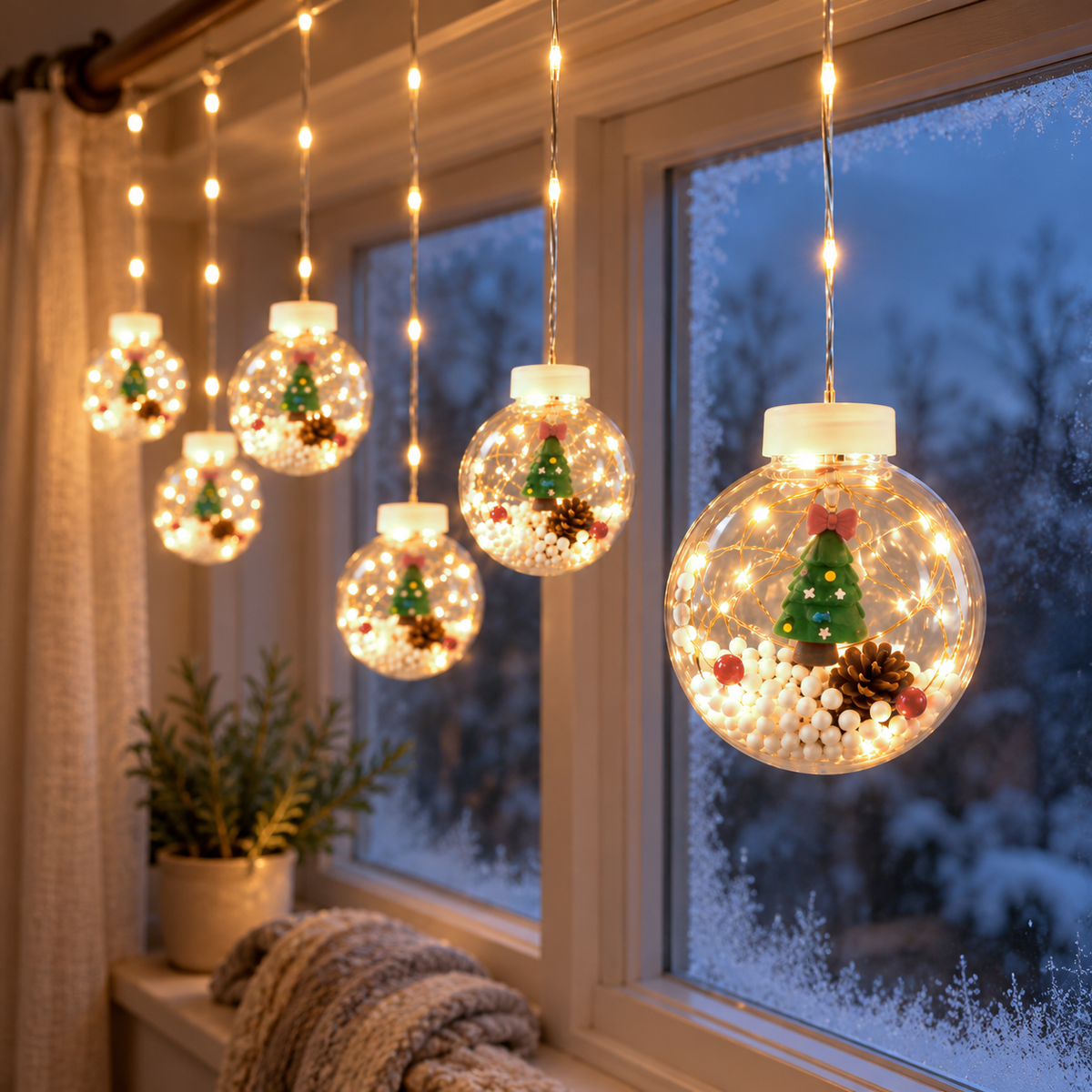 Close view of lit globes with a little Christmas tree, white beads, pine cone and red berries inside