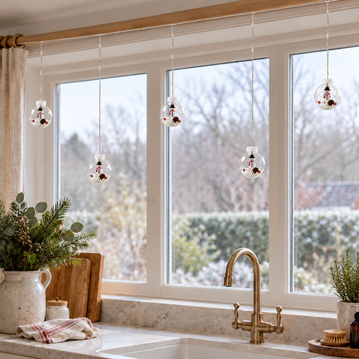 Clear snowman globes hanging unlit below a curtain pole at a kitchen window in daylight