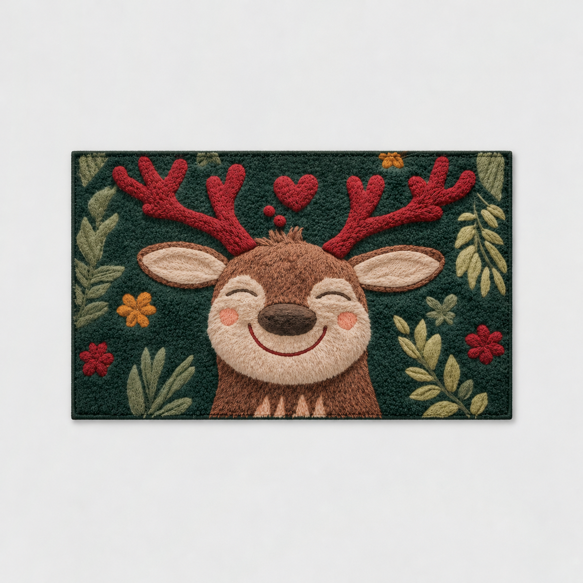 Reindeer Christmas mat in the small rectangle, a smiling reindeer with red antlers on dark green, on a light grey background