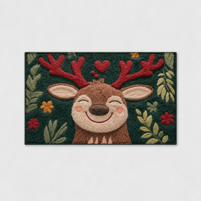 Reindeer Christmas mat in the small rectangle, a smiling reindeer with red antlers on dark green, on a light grey background