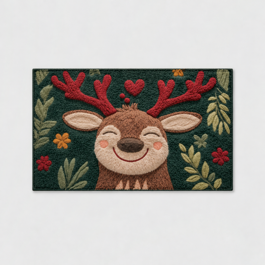 Reindeer Christmas mat in the small rectangle, a smiling reindeer with red antlers on dark green, on a light grey background