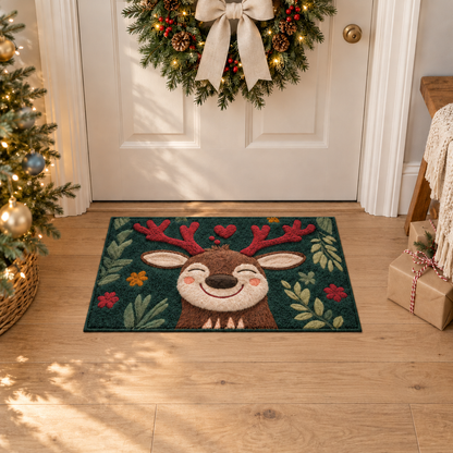 Small reindeer Christmas mat on an oak floor inside a front door decorated with a wreath and fairy lights