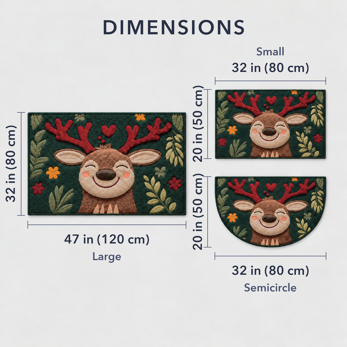 The three mats side by side to scale: Small 32 x 20 inches, Semicircle 32 x 20 inches and Large 47 x 32 inches