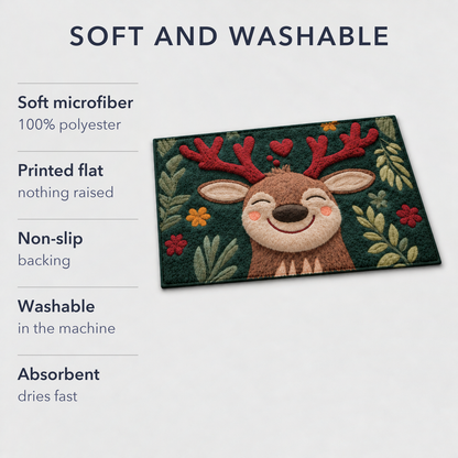 Reindeer Christmas mat with notes: soft microfiber, printed flat, non-slip backing, machine washable, absorbent