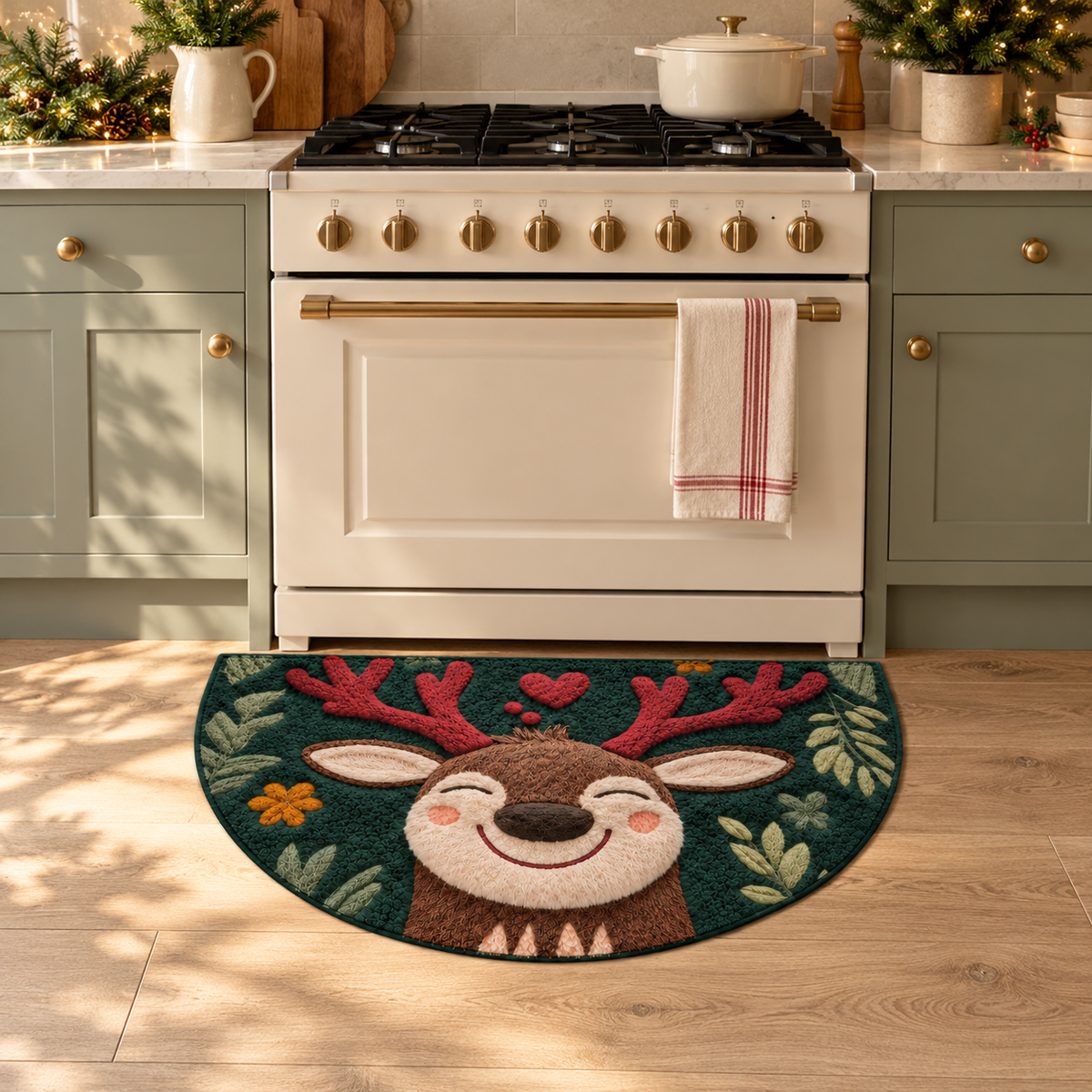 Semicircle reindeer Christmas mat in front of a cream range cooker in a sage green kitchen