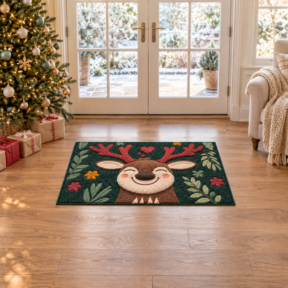 Large reindeer Christmas mat inside glass French doors beside a decorated Christmas tree and wrapped gifts