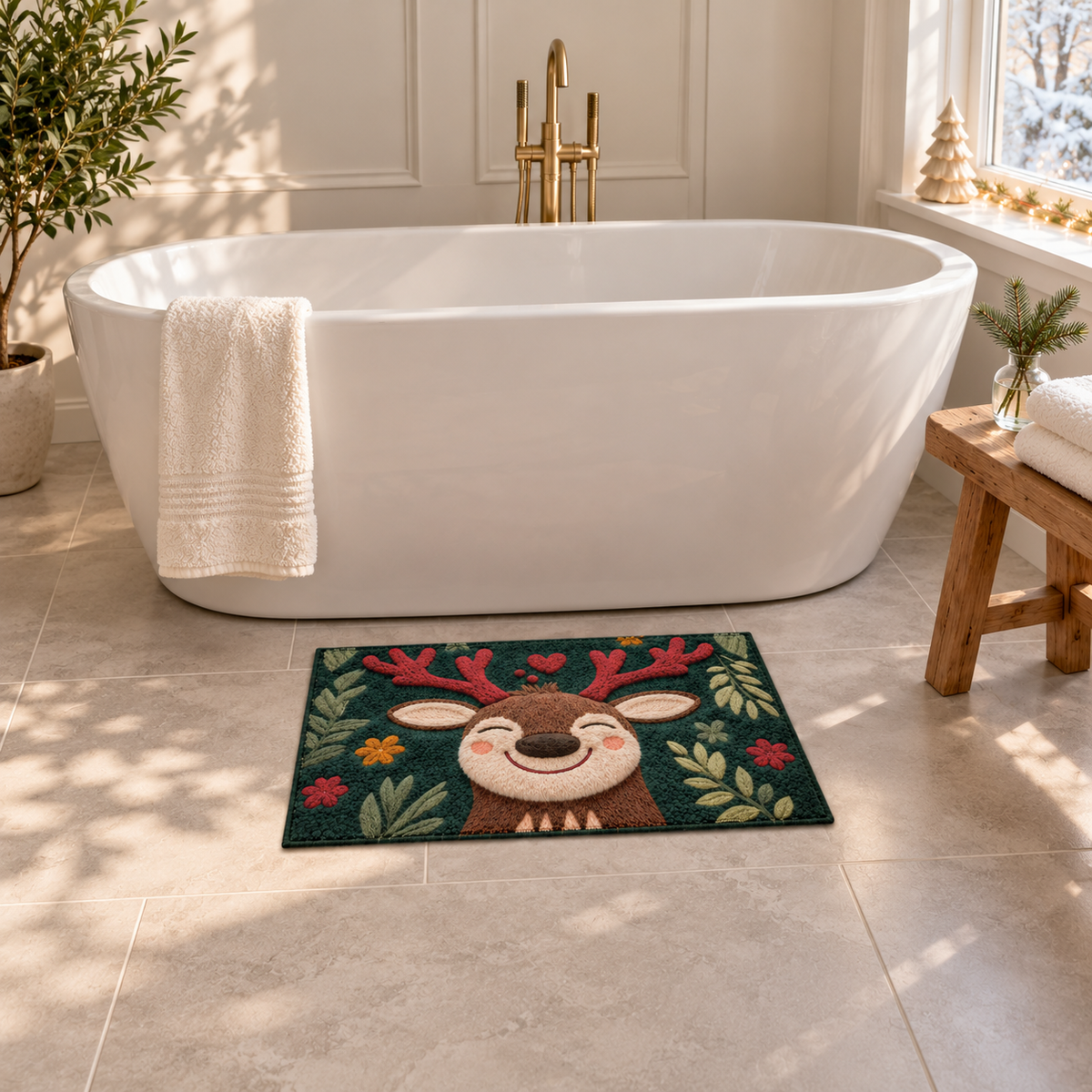 Small reindeer Christmas mat beside a white freestanding bathtub