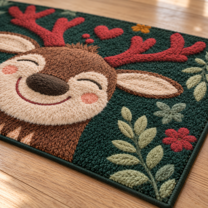 Close-up of the mat's soft microfiber surface and the printed reindeer face