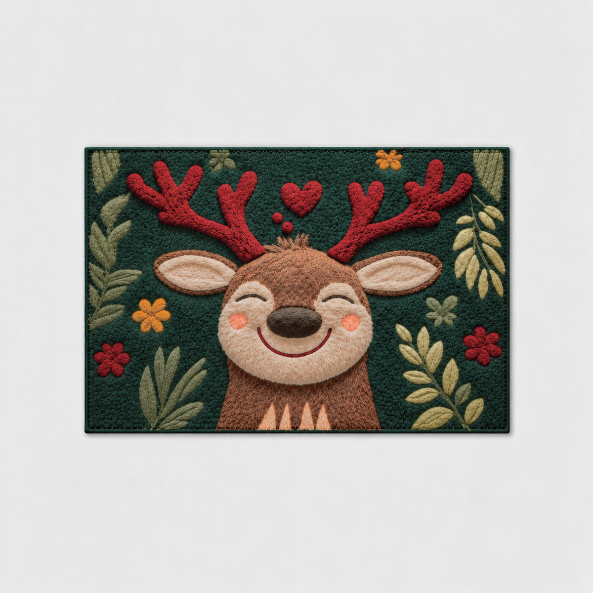 Large reindeer Christmas mat, 47 by 32 inches, on a light grey background