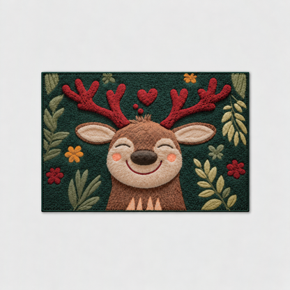 Large reindeer Christmas mat, 47 by 32 inches, on a light grey background