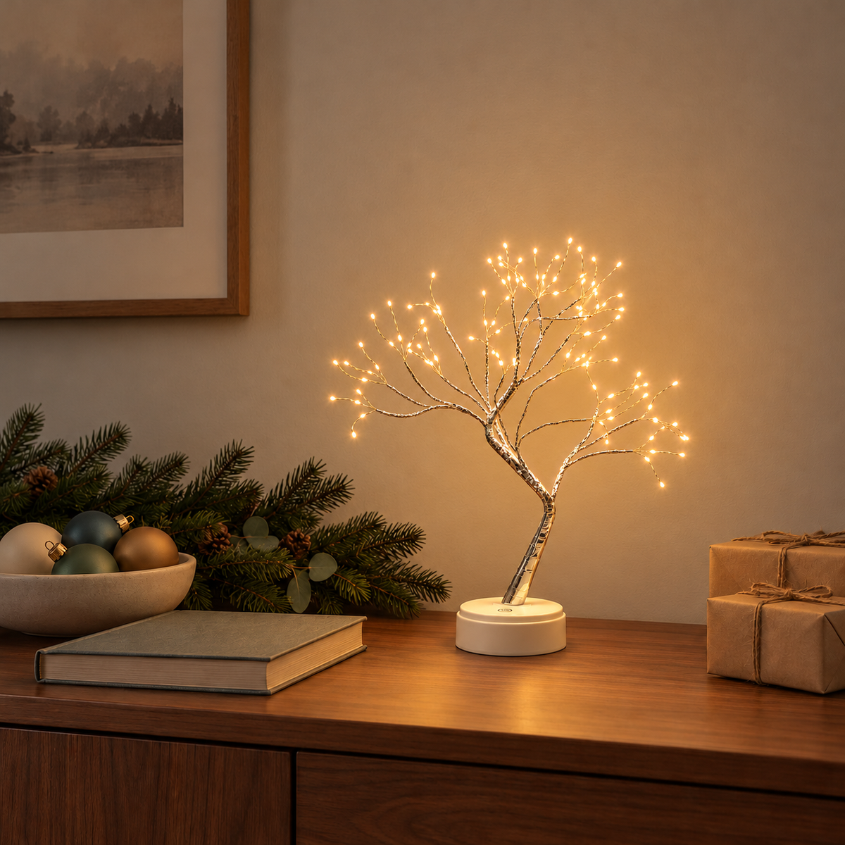Warm white LED tree lamp glowing on a walnut sideboard beside a pine garland, baubles and wrapped gifts