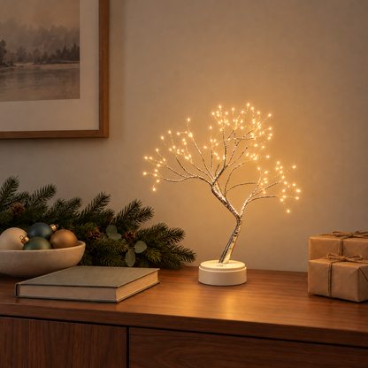 Warm white LED tree lamp glowing on a walnut sideboard beside a pine garland, baubles and wrapped gifts