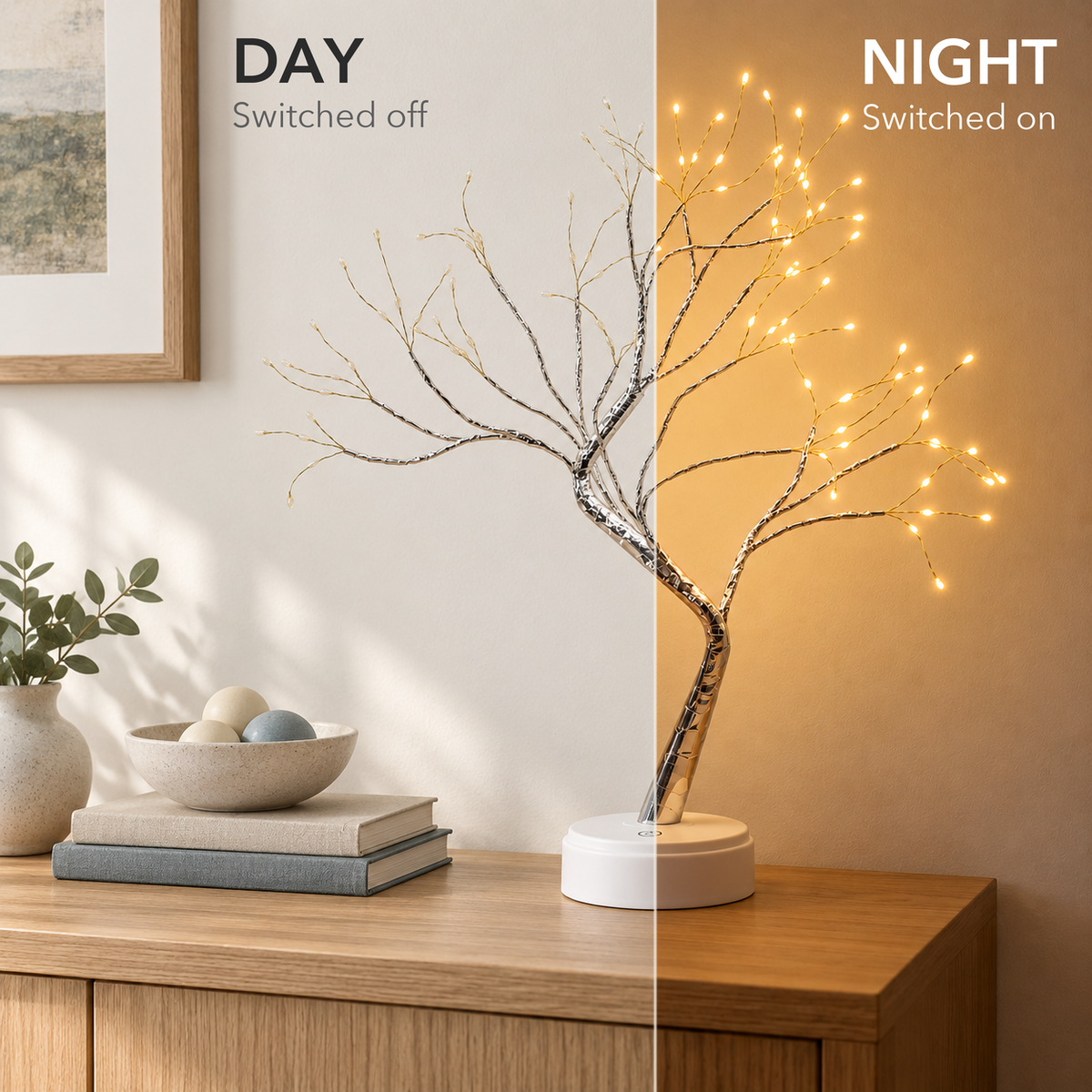 The same LED tree lamp on a sideboard, switched off in daylight and lit warm white in the evening