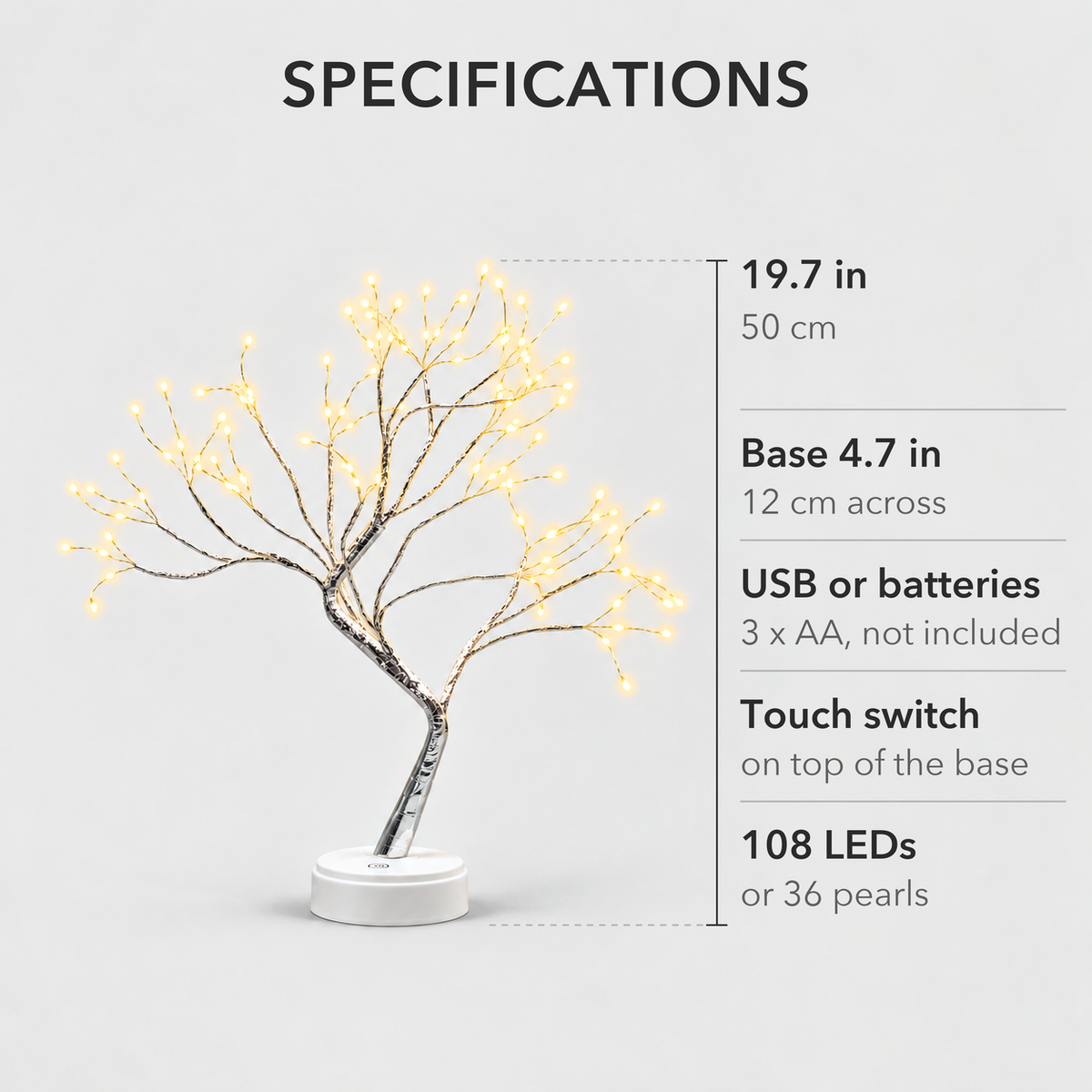 LED tree lamp specifications: 19.7 inches tall, 4.7 inch base, USB or 3 AA batteries, touch switch on the base