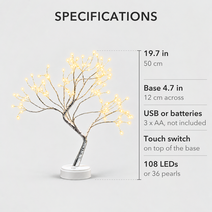 LED tree lamp specifications: 19.7 inches tall, 4.7 inch base, USB or 3 AA batteries, touch switch on the base