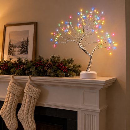 Multicolor LED tree lamp lit at the end of a mantel with a pine garland and cream knit stockings