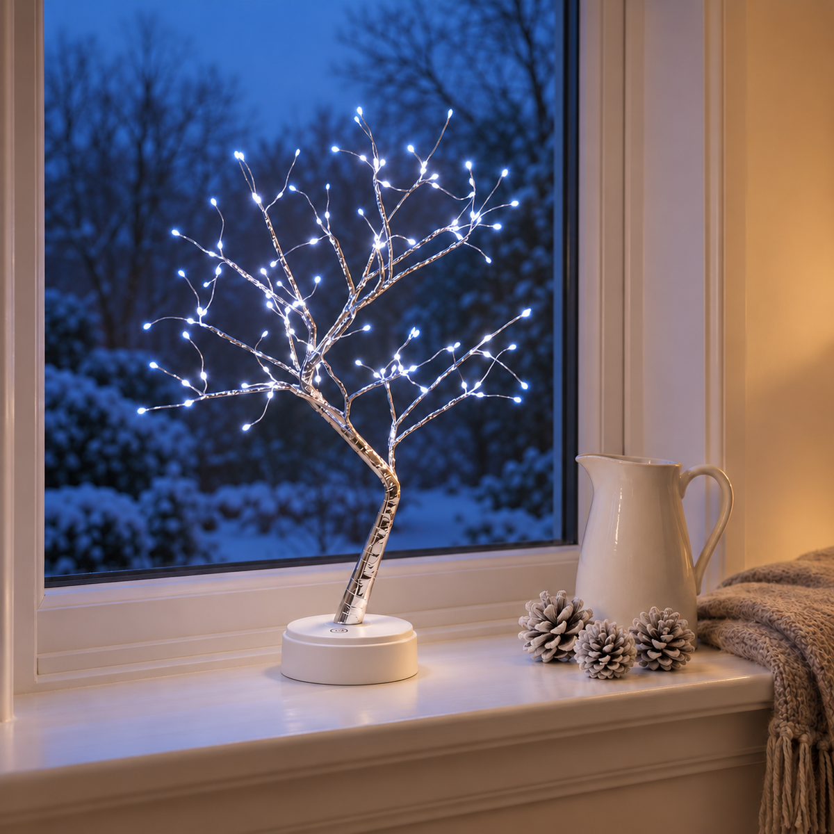 Cool white LED tree lamp glowing on a white windowsill at dusk with a snowy garden outside