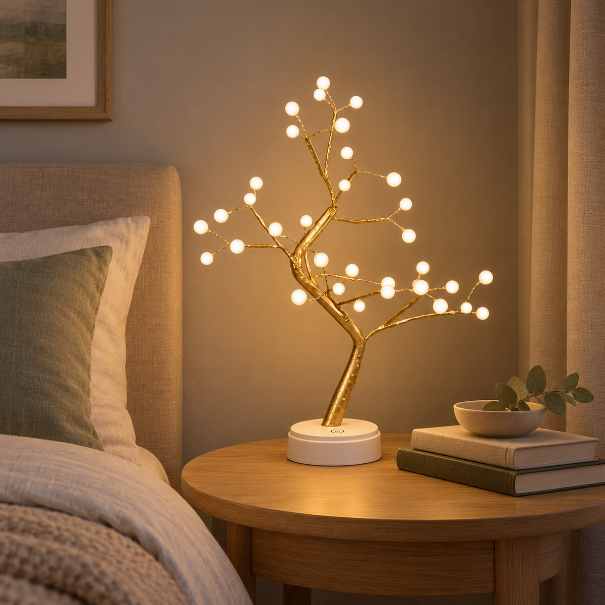 LED tree lamp with gold branches and glowing white pearl lights on an oak bedside table