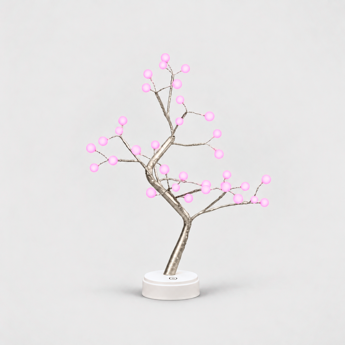 LED tree lamp with pale branches and 36 glowing pink pearl lights on a white round base