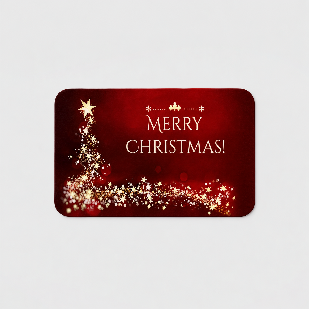 Red Merry Christmas door mat with a gold star Christmas tree and ivory lettering on a light gray background