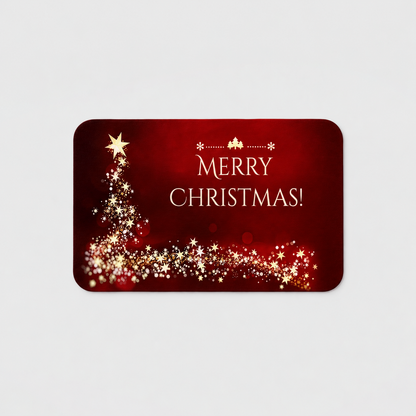 Red Merry Christmas door mat with a gold star Christmas tree and ivory lettering on a light gray background