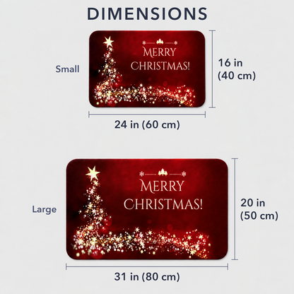 Dimensions of the Merry Christmas door mat: small 16 by 24 inches and large 20 by 31 inches
