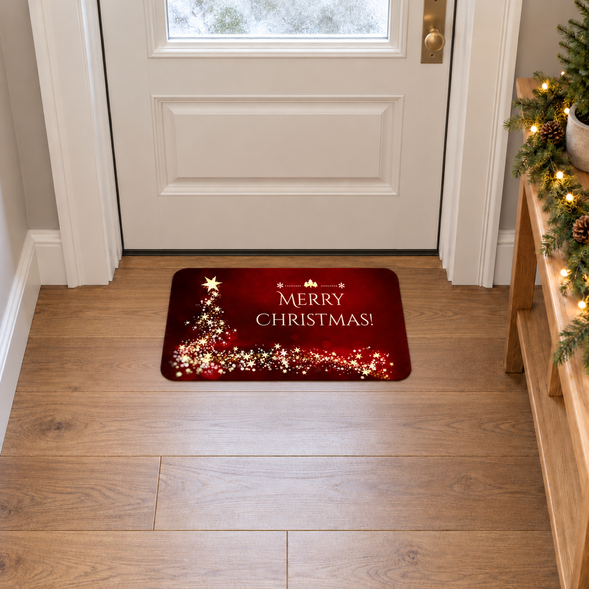 Small red Christmas door mat with gold stars inside a front door on an oak hallway floor