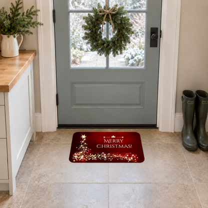 Merry Christmas mat at a kitchen back door on stone floor tiles beside a pair of boots