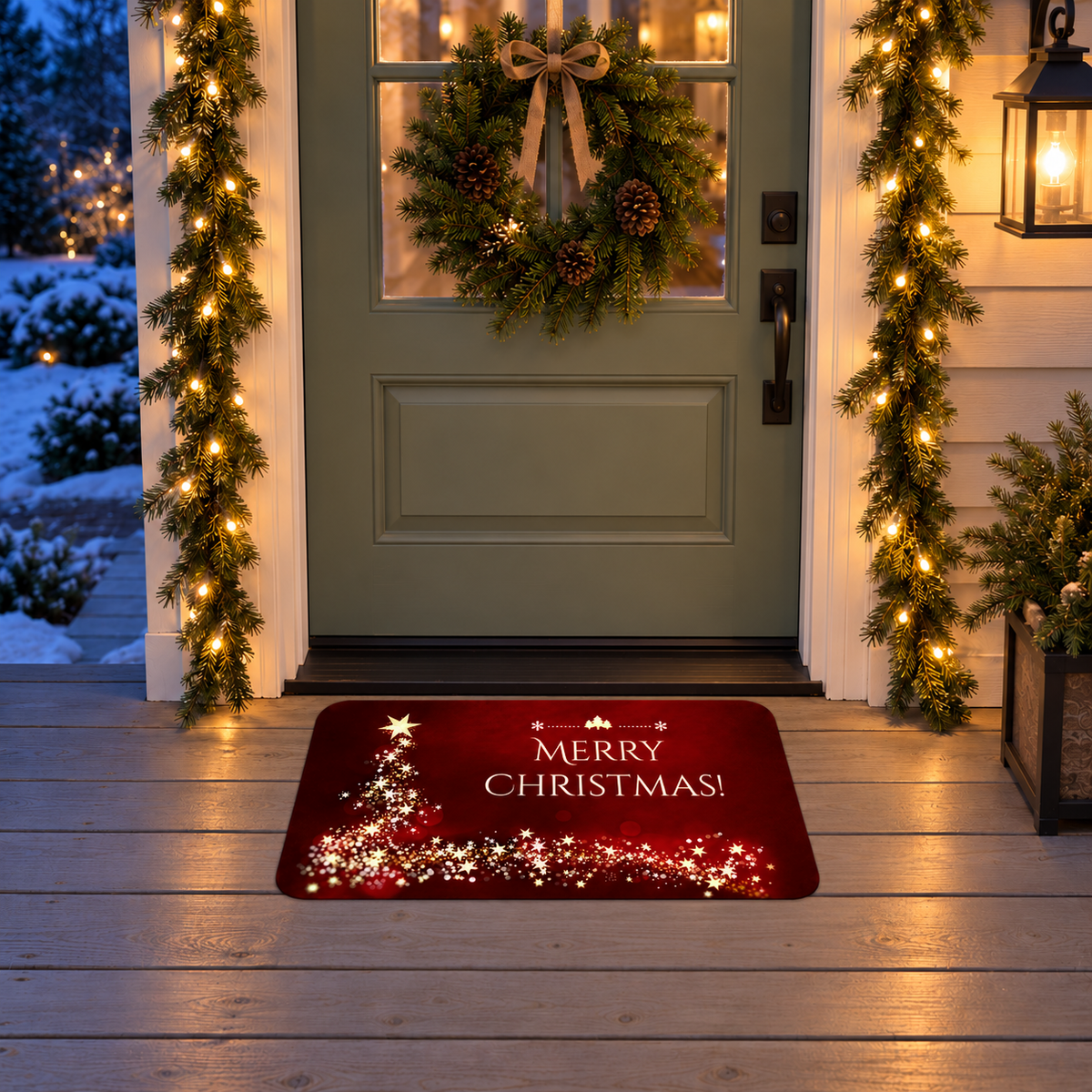 Red and gold Christmas door mat on a front porch in the evening, lit by a warm lantern and fairy lights