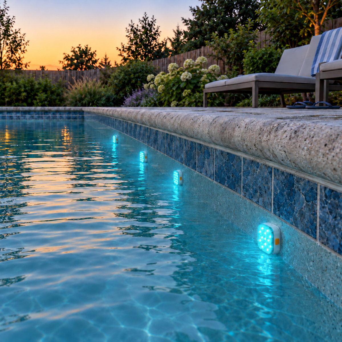Four square pool lights glowing cyan under the water along an in-ground pool wall at dusk