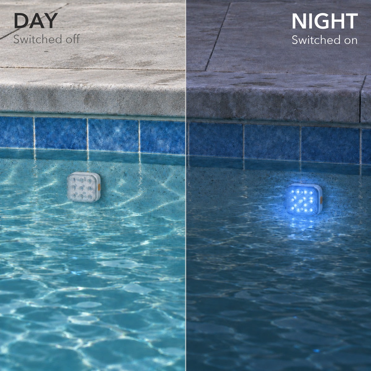 The same pool wall by day with two square pool lights switched off, and at dusk with them glowing soft blue