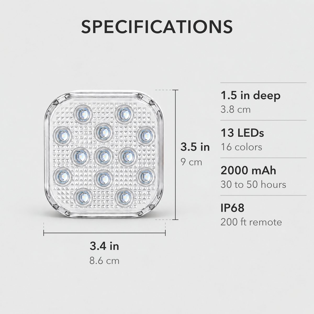 Square pool light specifications: 3.4 x 3.5 inches, 1.5 inches deep, 13 LEDs, 16 colors, 2000 mAh, IP68, 200 ft remote