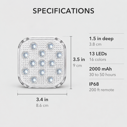 Square pool light specifications: 3.4 x 3.5 inches, 1.5 inches deep, 13 LEDs, 16 colors, 2000 mAh, IP68, 200 ft remote