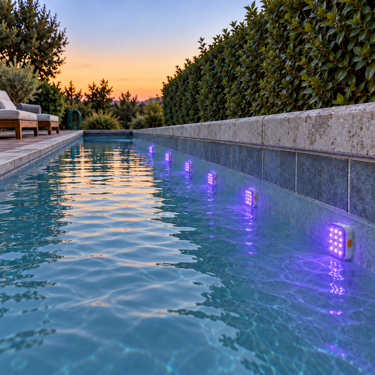 Six square pool lights glowing violet in a row along the wall of a lap pool beside a hedge at dusk
