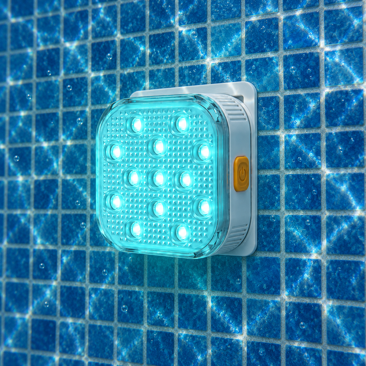 Square LED pool light glowing aqua underwater in its white wall bracket on blue mosaic tiles