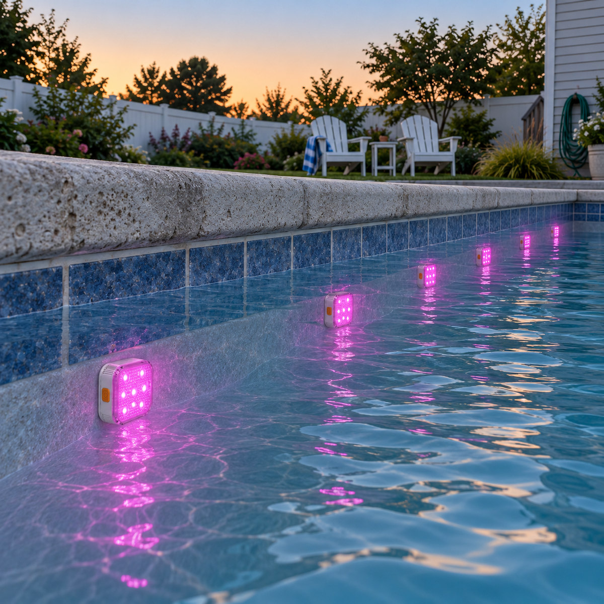 Six square pool lights glowing magenta in a row along the wall of a backyard family pool at dusk