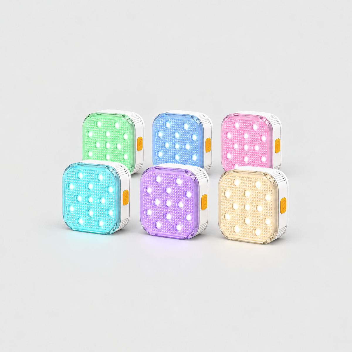 Set of six square pool lights in two rows glowing six soft colors
